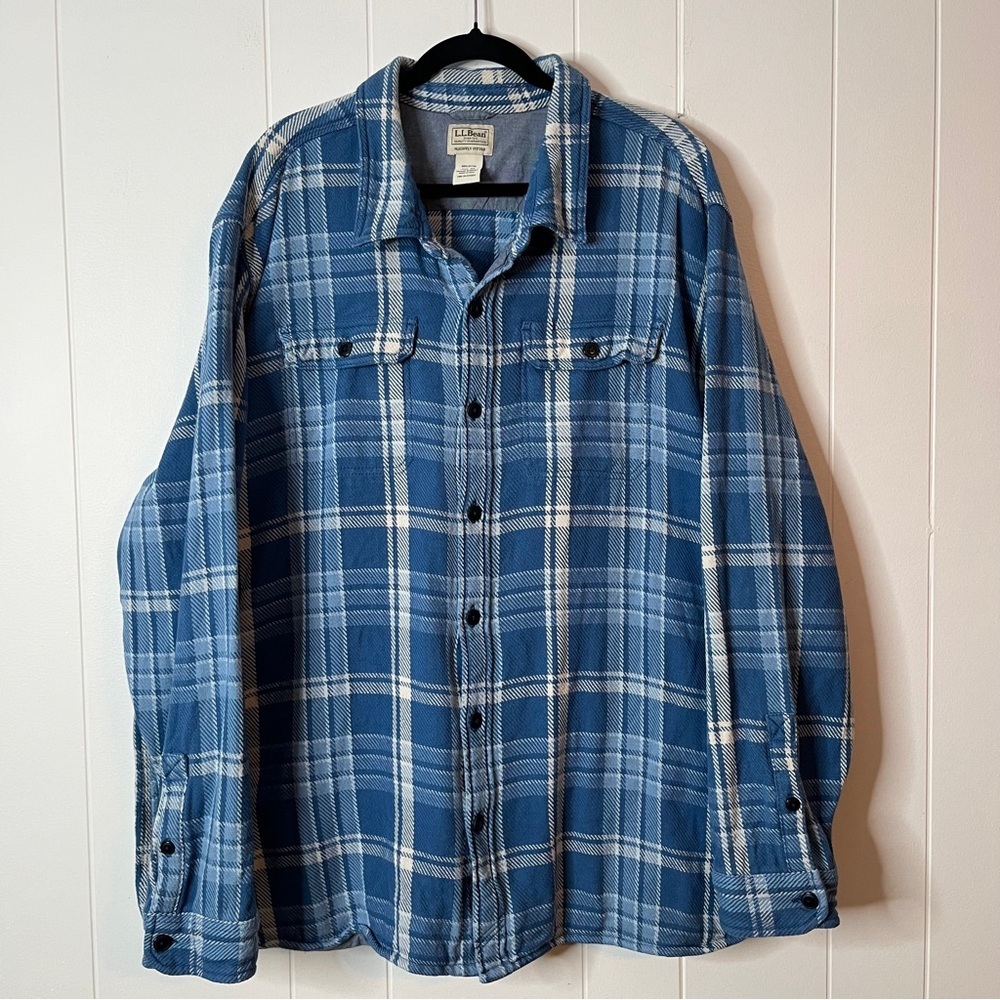 L.L. Bean Blue and White Plaid Button-Up Shirt Jacket Size XXXL